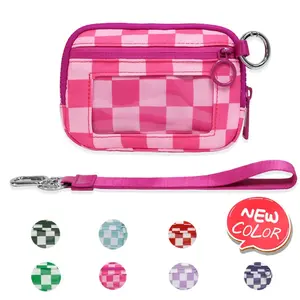 The Iris Wallet Black checkered Card Case with ID Window Purses for Women Coin Purse with Zipper Mini Portable Keychain Wallet