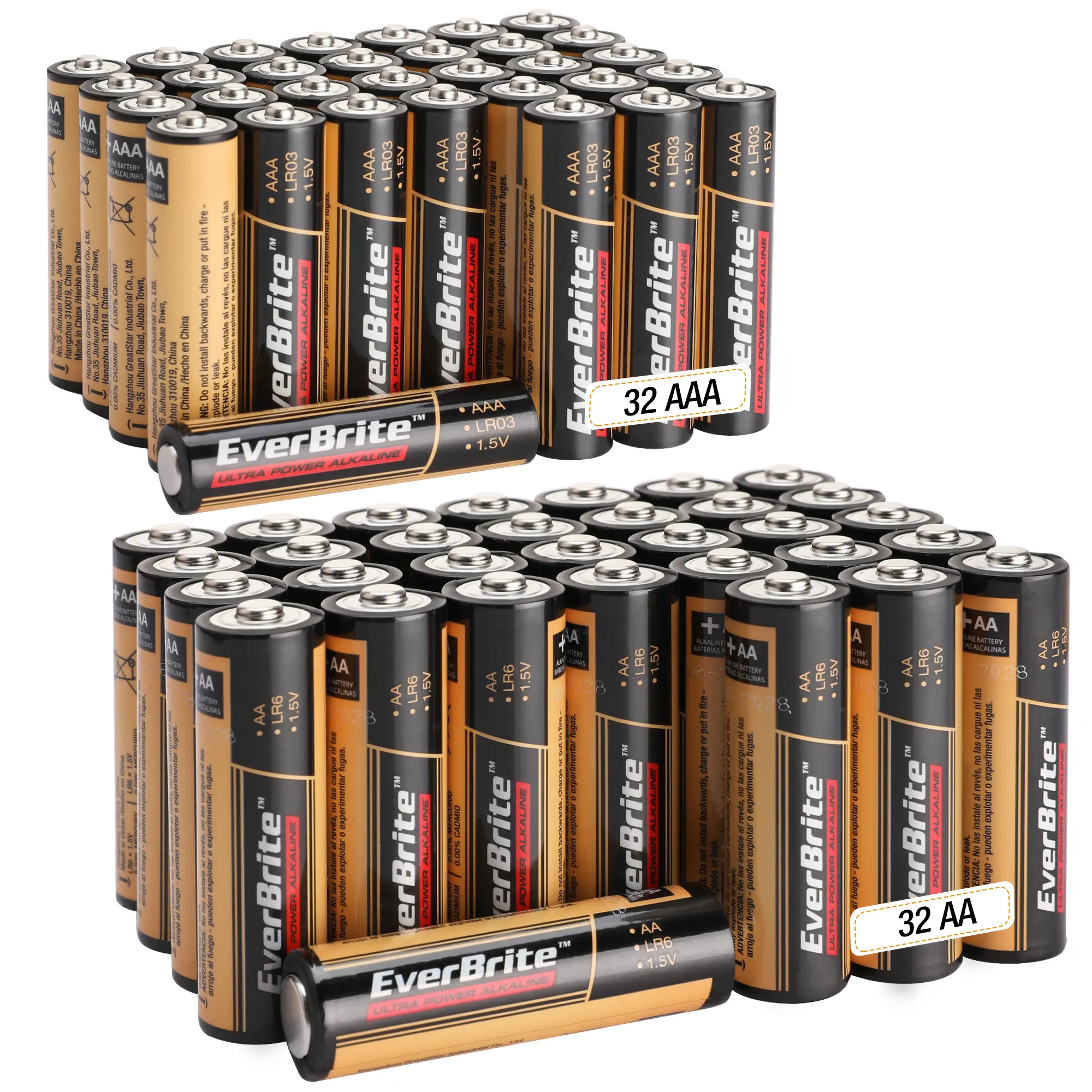 #fathersdaygift EverBrite 64-count High Performance Alkaline Battery, 32-Pack AAA Alkaline Battery and 32-Pack AA Alkaline Battery, Triple A Batteries and Double A Batteries Household and Office Devices