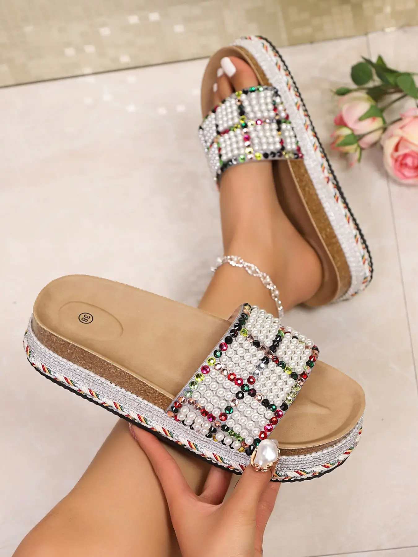 2026 Summer New Women's Rhinestone Double Strap Sandals, Ethnic Beach Shoes, Y2K Rainbow Sequins Thick Sole, Bohemian Rhinestone Flip Flops, Boho Shoes