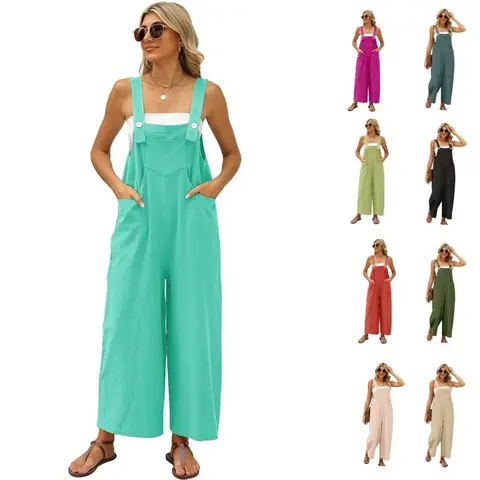 Mundoven Women's Casual Loose Overalls Jumpsuits One Piece Sleeveless Wide Leg Long Pant Rompers With Pockets