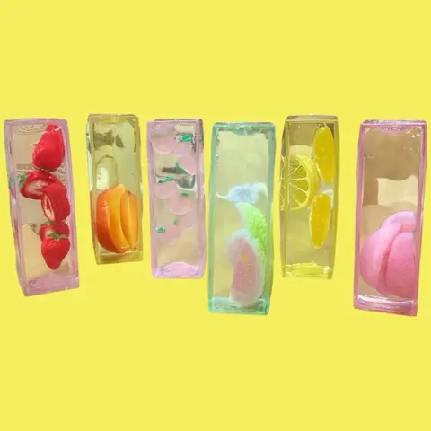 Fruit Ice Bar Squishy Toys, Clear Fruit Block Squishy, Vaseline & Maltose Filled Jelly Squeeze Fidget Toy, Realistic Fruit Slice Sensory Stress Relief Toy for Kids & Adults, Party Favors, Birthday Gifts & Desk Decor