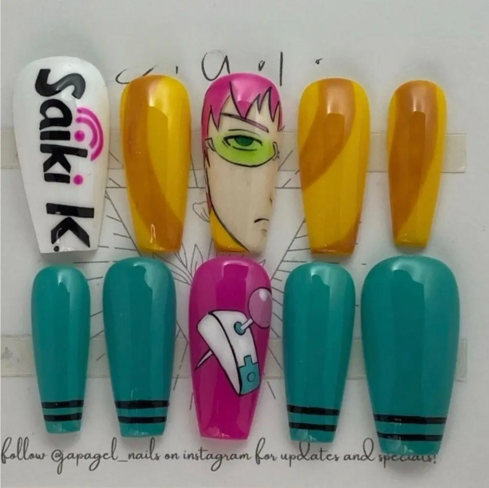 Saiki K Press On Nails, Kusuo Saiki Anime Nail Art, Pink Antennae Yellow Hair Character Nails, Handmade Japanese Anime Reusable Fake Nails | Gift Set (Adhesive Tabs, Nail File, Cuticle Stick)