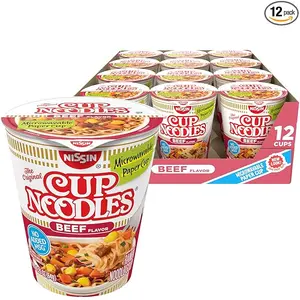 Cup Noodles Soup, Beef Flavor, Microwaveable Paper Cups, Instant Ramen, 2.25 Ounce (Pack of 12)