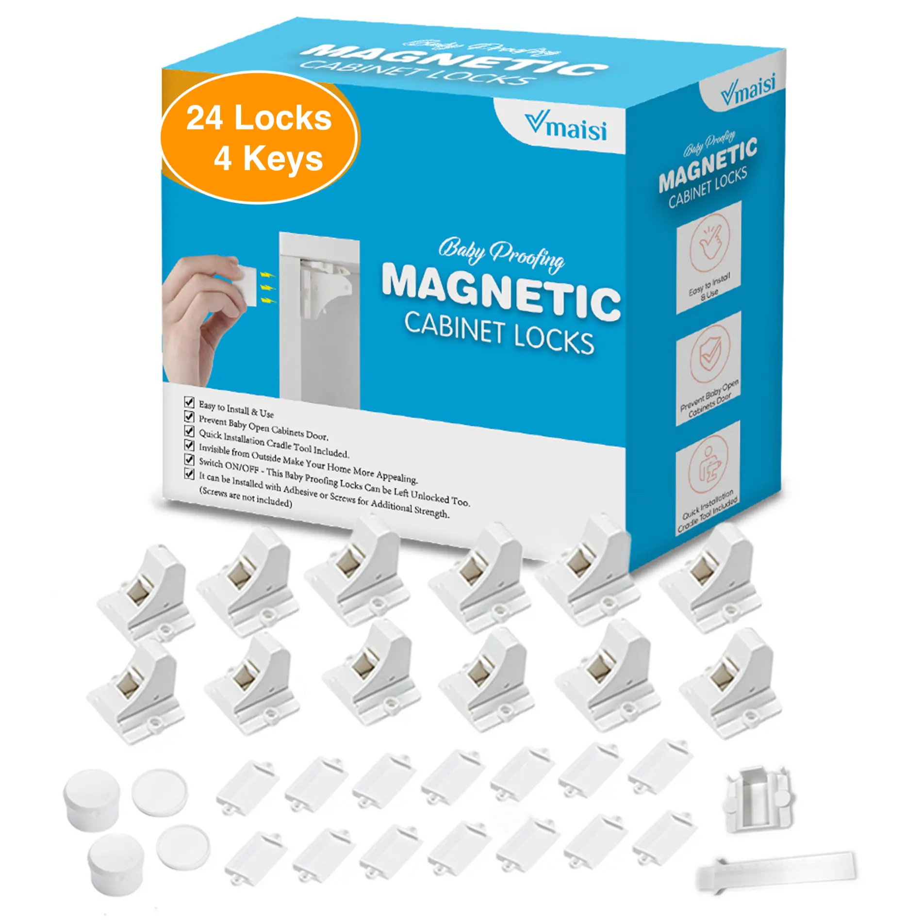 Vmaisi Adhesive Magnetic Cabinet Locks 24 Locks 4 Keys for Baby Proofing