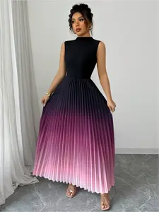A black gradient round-neck sleeveless pleated long fitted Chic dress for ladies, exuding elegant charm and suitable for all kinds of casual wear.