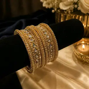 Elegant 6 Set Polki Bangles with Intricate Design and Sparkling Stones for a Stunning Look