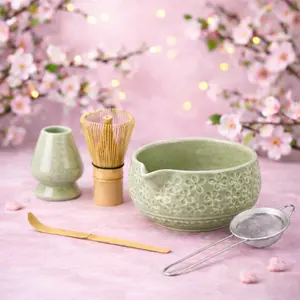 Complete Matcha Whisk Set Includes Matcha Whisk, Bowl, Sifter, Holder and Scoop, Perfect Bamboo Whisk for Matcha Tea, Molted Green