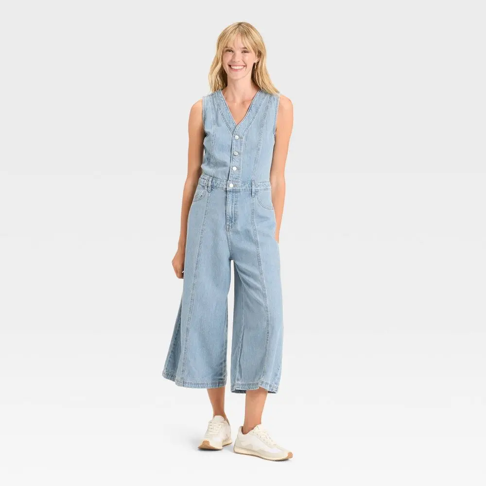 Women's Cropped Sleeveless Denim Jumpsuit - Universal