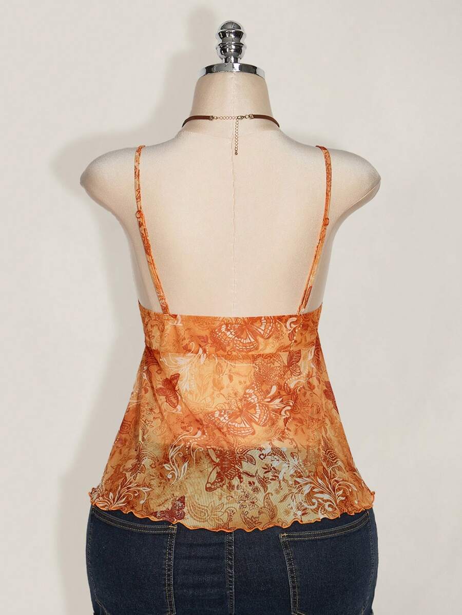 Curvera x ICON Plus Size Women Plant Print Ruffle Hem Camisole Tank Top For Holiday,Rave Top