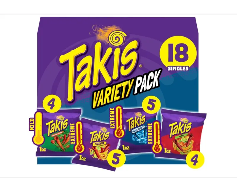 Takis 18 pc / 1 oz Variety Pack, Assorted Flavored Mixed Rolled Tortilla Chips – (5) Fuego, (5) Blue Heat, (4) Nitro, (4) Crunchy Fajitas