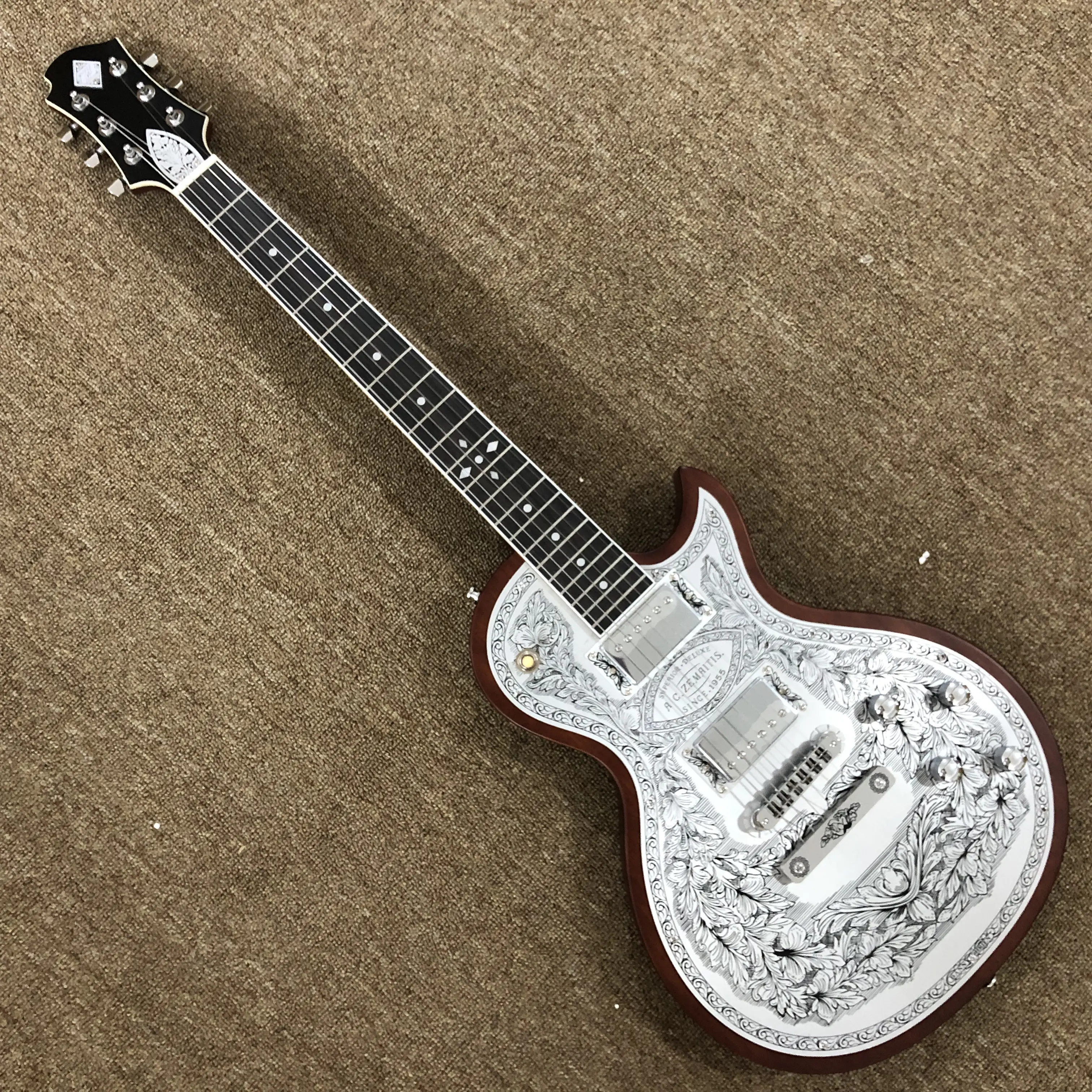 Zemaitis‑Style Metal Engraved Carved Top Electric Guitar, LP Style HH Humbucker Pickups Vintage Rock Guitar for Stage Performance & Collection
