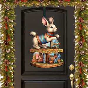 Designocracy 8611086H Artistic Wooden Colorful 24x18 in. Carousel Bunny with Toys, Holiday Christmas Door Decoration, Festive Home Gift