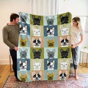 Cozy French Bulldog Flannel Throw Blanket – Soft, Warm, And Stylish Multi-Color Checkered Design With Black, White, And Green Cartoon Dog Faces, Perfect For Couch, Bed, Or Napping All Year Round, Petfriendly Home Accessory |   Contemporary Style |   Digit