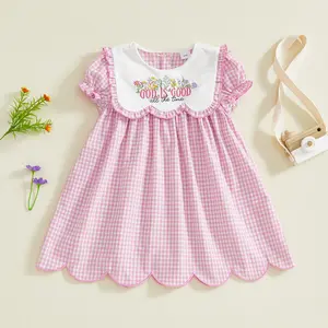 Toddler Baby Little Girl Easter Dress Short Sleeve Sailor Collar Floral Letter God is Good Embroidery A-Line Casual Dress 1-6 Years