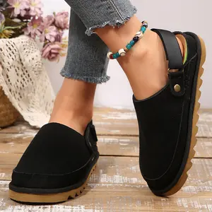 Trendy Suede Clog Sandals for Women Thick Sole Adjustable Ankle Strap Casual Mule Footwear Indoor Outdoor Shoes