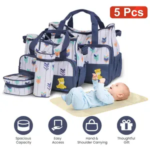5Pcs Baby Nappy Diaper Bags Set Mummy Diaper Handbags with Diaper Pad Food Bag Bottle Bag Travel Tote Bags For Mom Dad,summervibes