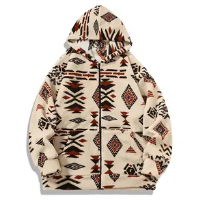 Men's Ethnic Full Zip Hoodie, Casual Comfort Long Sleeve Crew Neck Pullover, Fleece Lined Jacket for Warmth in Autumn and Winter, Streetwear, Everyday Wear