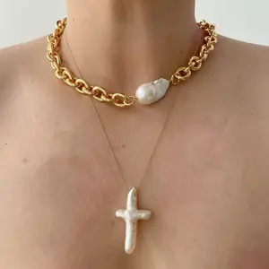 2Pcs/Set Women's Baroque Pearl Cross Necklace - Waterproof Anti-Tarnish Unisex Fashion Jewelry Daily Date Party Vacation - Great Gift for Mom Wife Girlfriend (New Year Christmas)