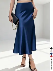 Women's Plain Color Dress, Elegant Aesthetic Fashion Long Skirt for Valentine's Party Wedding, High Waist Satin Midi Skirt, All Seasons, Bottoms