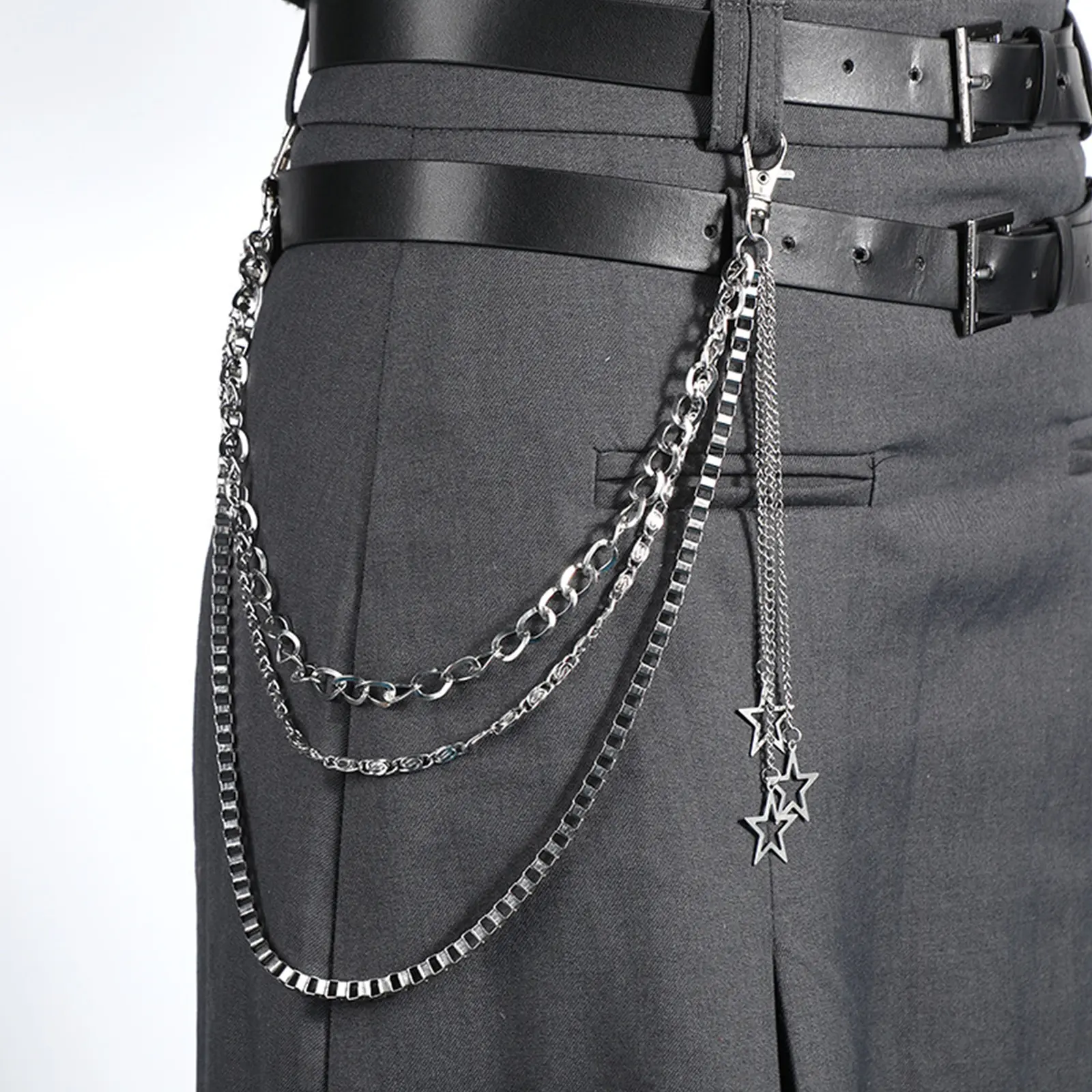 OIDEA Unisex Star Punk Multi-Layer Silver Iron-Metal Alloy Hip Hop Pants Chain - Male Festival Wear Style Jeans Accessory, Casual Costume Jewelry, Easy-Attach Lobster Clasps, Star Accents, Durable Construction, for Fashion Shoots