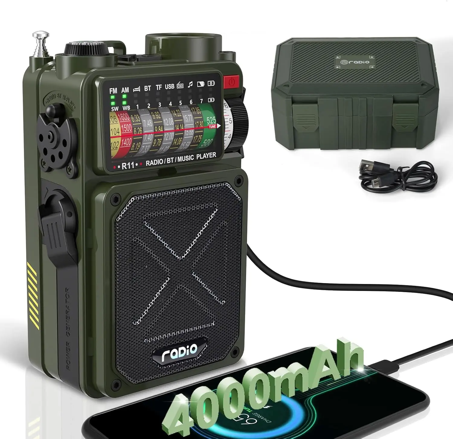 R11  Crank Radio - 4000mAh/14800mWh NOAA/SW/AM/FM, Solar/Hand Crank/USB ,  Receiver/USB/TF Playback,with Compass,Flashlight,SOS for Camping &  - Green