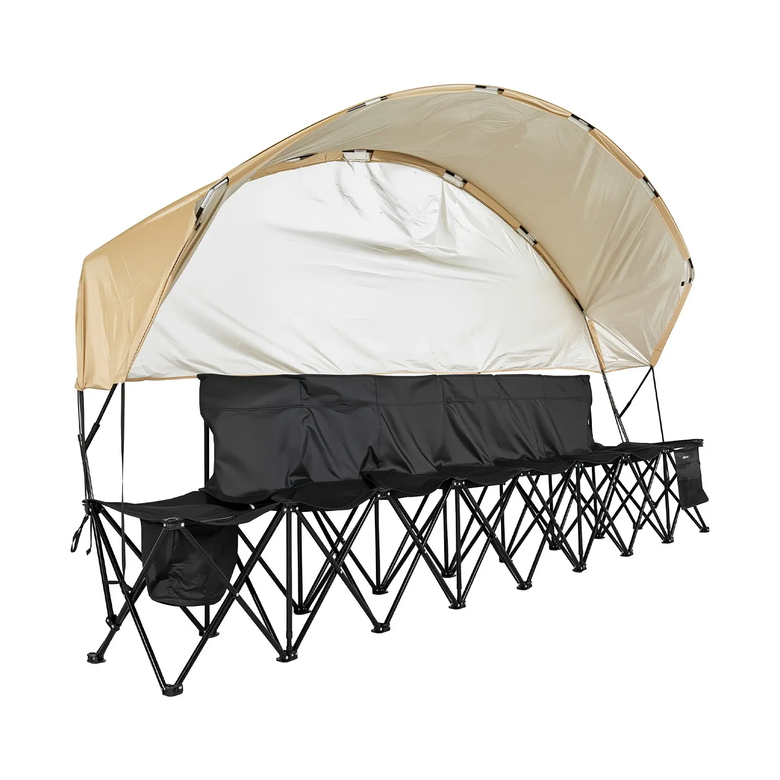 【DealsForYouDays】VEVOR 6-Seat Portable Folding Bench, Camping Folding Chair with Storage Pockets, Cup Holders, Carrying Bag, Lightweight Sideline Seating, Sunshade, Black for Football, Camping