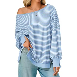 Womens Striped Oversized Sweatshirt Off The Shoulder Lantern Long Sleeve Top Split Fall Trendy Pullover