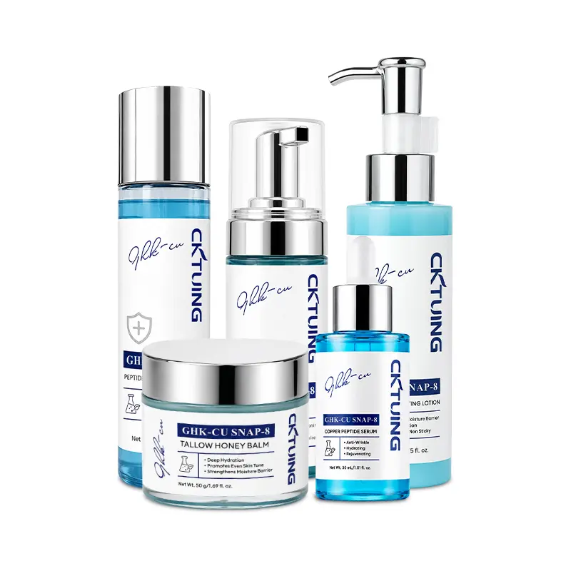 K-Beauty Copper Peptide GHK-Cu & SNAP-8 5-Piece Anti-Aging Skincare Set – Full Routine: Toner, Serum, Lotion, Balm Cream & Foam Cleanser, Youthful Glow Complete Kit, All Skin Types