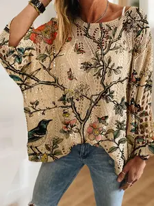 Women's Bohemian Floral Animal Print Knit Top, Round Neck Long Sleeve Hollow Out Sweater, Casual Elegant Vacation Style, Comfortable Breathable