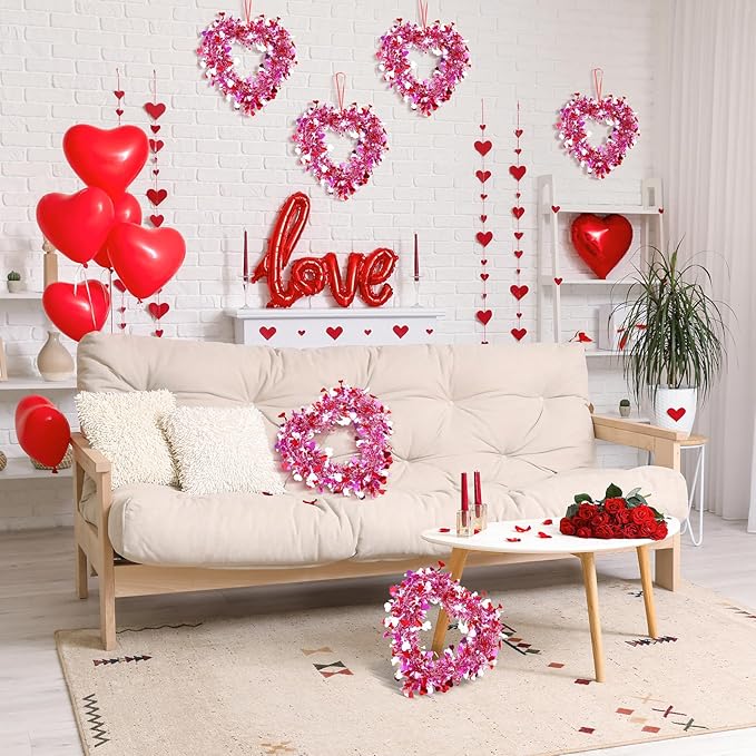 Valentine's Day Heart Wreath 8/6/3 Pcs Red Pink Tinsel Heart Shaped Hanger Wreath for Front Door Window Wall Mantle Kitchen Cabinet Romantic Atmosphere Valentines Decor Wedding Decorations Anniversary Birthday Party Spring Indoor Outdoor Home Decor