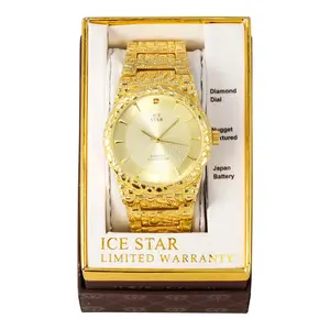 Men's Watch Wristwatch Iced Luxury Hip Hop Golden Nugget Bling Blue Dial Wrist Metal Shiny Fashion