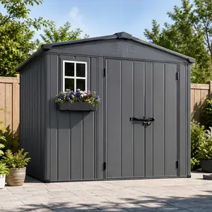 ARCH 6x9 FT Outdoor Metal Storage Shed with Window & Flower Rack, Lockable Double Doors Tool Shed, Waterproof Weatherproof Garden Shed for Backyard Patio, Coal Grey, Heavy Duty Steel Construction, Multi-Purpose Storage for Garden Tools, Bikes