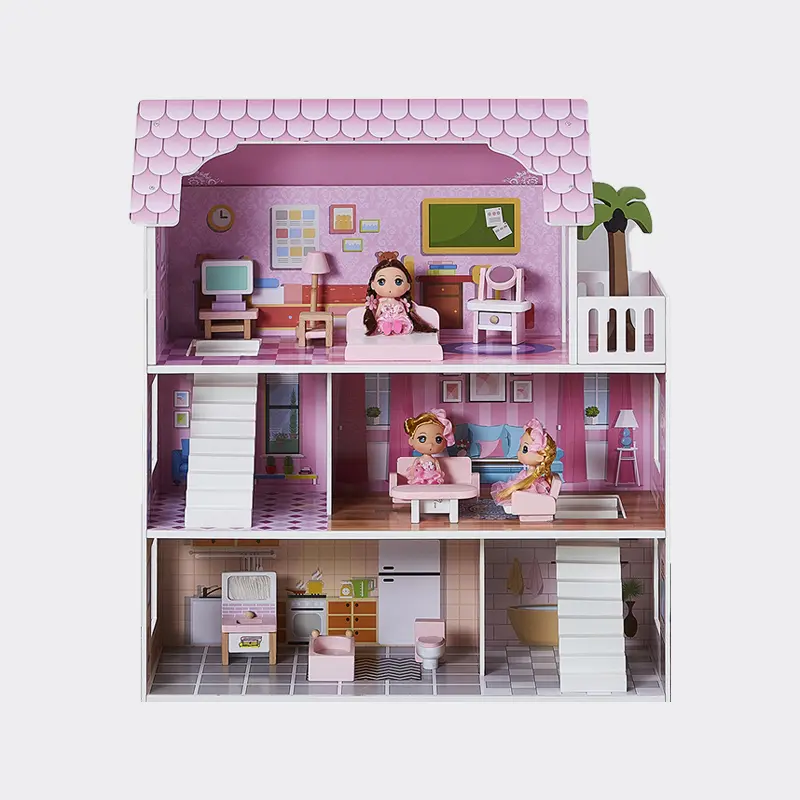 Pink Wooden 3-Story Dollhouse Playcenter Villa with Miniature Props, Toy Steps, Balcony, Pretend Play for Toddler Girls Ages 3+, 60×27×70cm, CPC Certified, Playset, Toddler Playhouse, Indoor Playhouse
