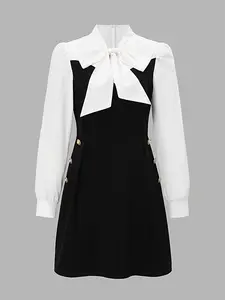 Asymmetrical Dress with Accents, Button Detail, Draped Design, Seasonal Fashion Staple, Women's Clothing