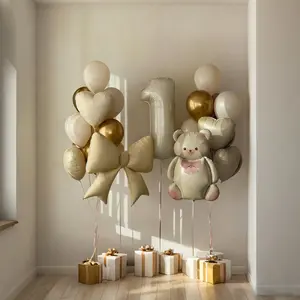 21pcs 32-Inch Creamy Number/ Bear Heart Aluminum Foil Bows, Kids Happy Birthday Party Baby Shower Decorations, Charming Cartoon Design