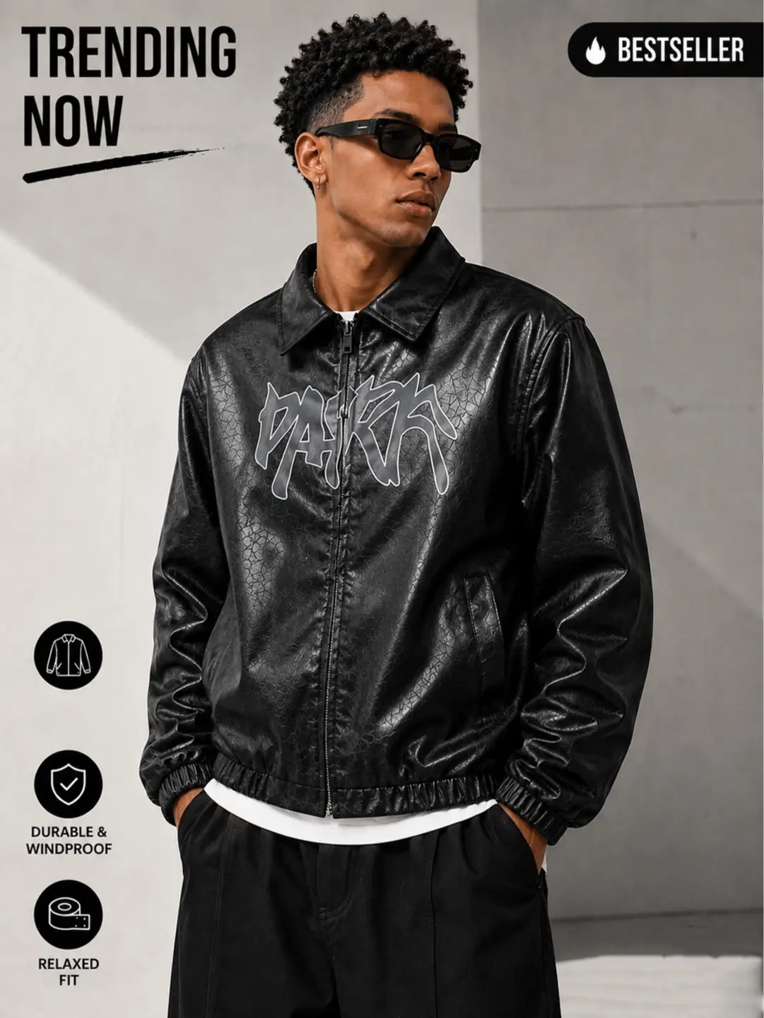 Street-style cool PU leather motorcycle jacket with notched lapel, loose fit, casual and versatile, handsome outerwear