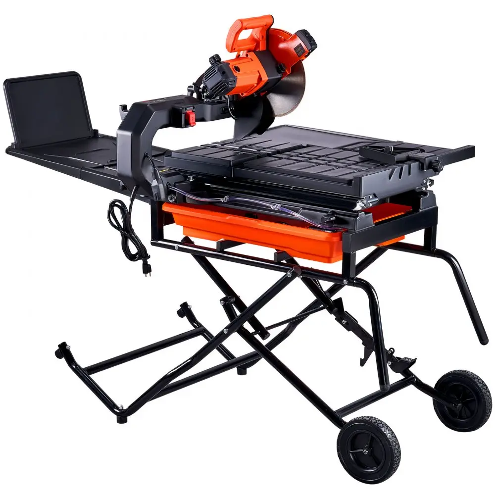 【summerfinds】VEVOR Wet Tile Saw with Stand, 10-inch 65Mn Steel Blade, 4500 RPM Motor, Tile Cutter Wet Saw with Water Reservoir and Casters, 0-45 Degrees Miter Angle for Cutting Tiles, Floor Tiles, and Stones