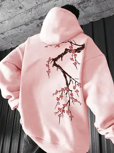 Men's Floral Print Drop Shoulder Hoodie, Fashion Casual Regular Fit Drawstring Pocket Hooded Sweatshirt for Daily Holiday Outdoor Wear, Men Clothes for Fall & Winter