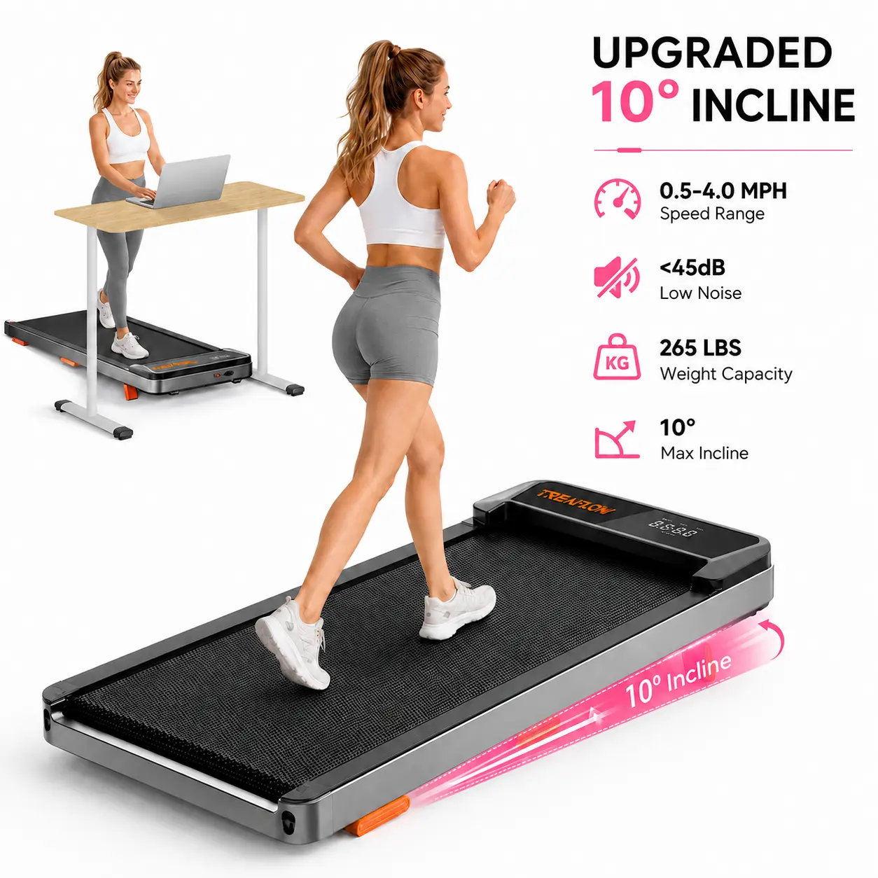 【SummerVibes】Adjustable Incline JC Walking Pad - 2.5HP Portable Treadmill for Home, 265lbs Capacity, Remote Control, Wheels, Dual Shock Absorption, Low Noise Motor, Cardio & Workout from Home Gym Equipment, Treadmills For Home