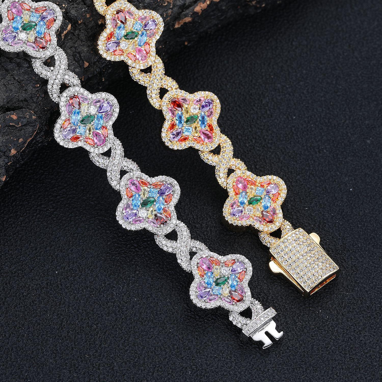 QUEENDO Elegant Classic 4-Leaf Clover Star Bracelet - Copper Base, Multi-Size, Multi-Color Pave Metallic Rhinestones, Unisex Daily Wear Jewelry for Women, Birthday Valentine’s Day Gifts, 4-Leaf Clover Bracelets & Bangles, Plants, Four Leaf Clover Bracelet