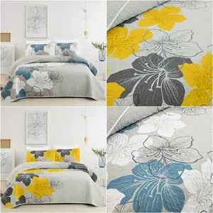 3 Pieces Gorgeous Boho Quilt Set Queen King Size Floral Pattern Quilted Coverlet Set Grey Bedspread with 2 Pillow Cases Cozy Botanical Bedding Quilt Set for Teens Adults