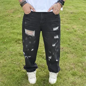Streetwear Men Baggy Straight Jeans Pants Stylish Men's Solid color Holes Distressed Casual Denim Trousers Menswear Pocket