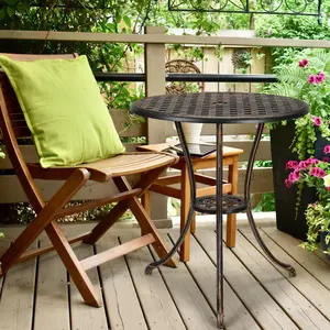 24" Cast Aluminum Patio Bistro Table with Umbrella Hole - Round Outdoor Coffee Table for Backyard, Garden, Porch, Pool, Balcony - Bronze Finish
