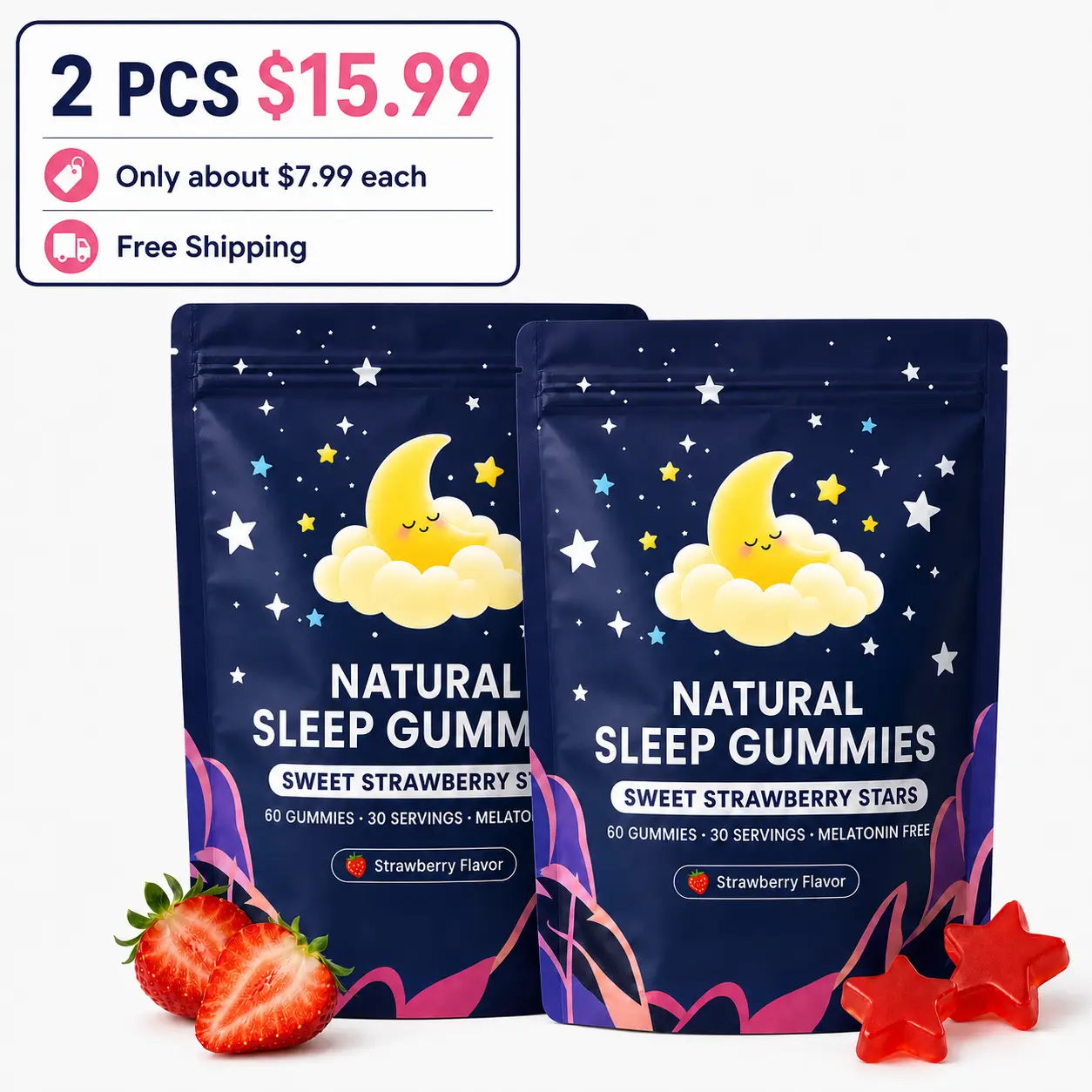 2 Pack of Natural Sleep Gummies - 60 Servings -Sweet Strawberry Stars (Melatonin Free)