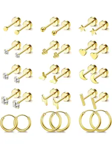 Hypoallergenic Surgical Steel Earrings for Sensitive Ears 14K Gold Flat Back Stud Earrings for Women Men Small Stainless Steel Stud Hoop Screw Back Cartilage Earring Set for Multiple Piercing
