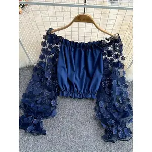 Three-Dimensional Flowers Sheer Mesh Patchwork Chiffon Shirt Female Summer 2025 New Waist Trimming Short off-the-Shoulder off-Shoulder Top Elegant Polyester