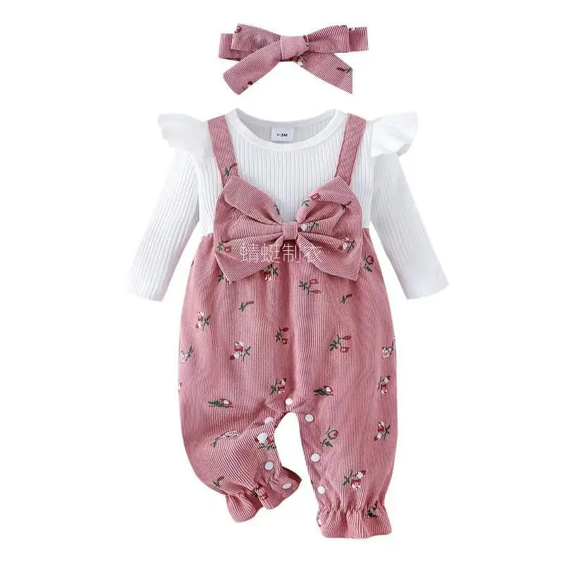 Baby Girls' 100% Polyester Bodysuit Outfit - Cute Floral Bow Detail, Flutter Sleeves, Butterfly Hair Accessory, for 0-3 Years, Cute for Outings Visits Gifts, P101772, Onesie Bodysuit, Baby Girls Clothing, Fashion Apparel
