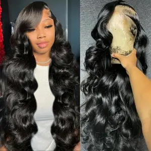 Bling Hair 13X6 HD Transparent Lace Frontal Human Hair Wigs 32 Inch  Body Wave Wigs Natural Black Color Wig for Women
