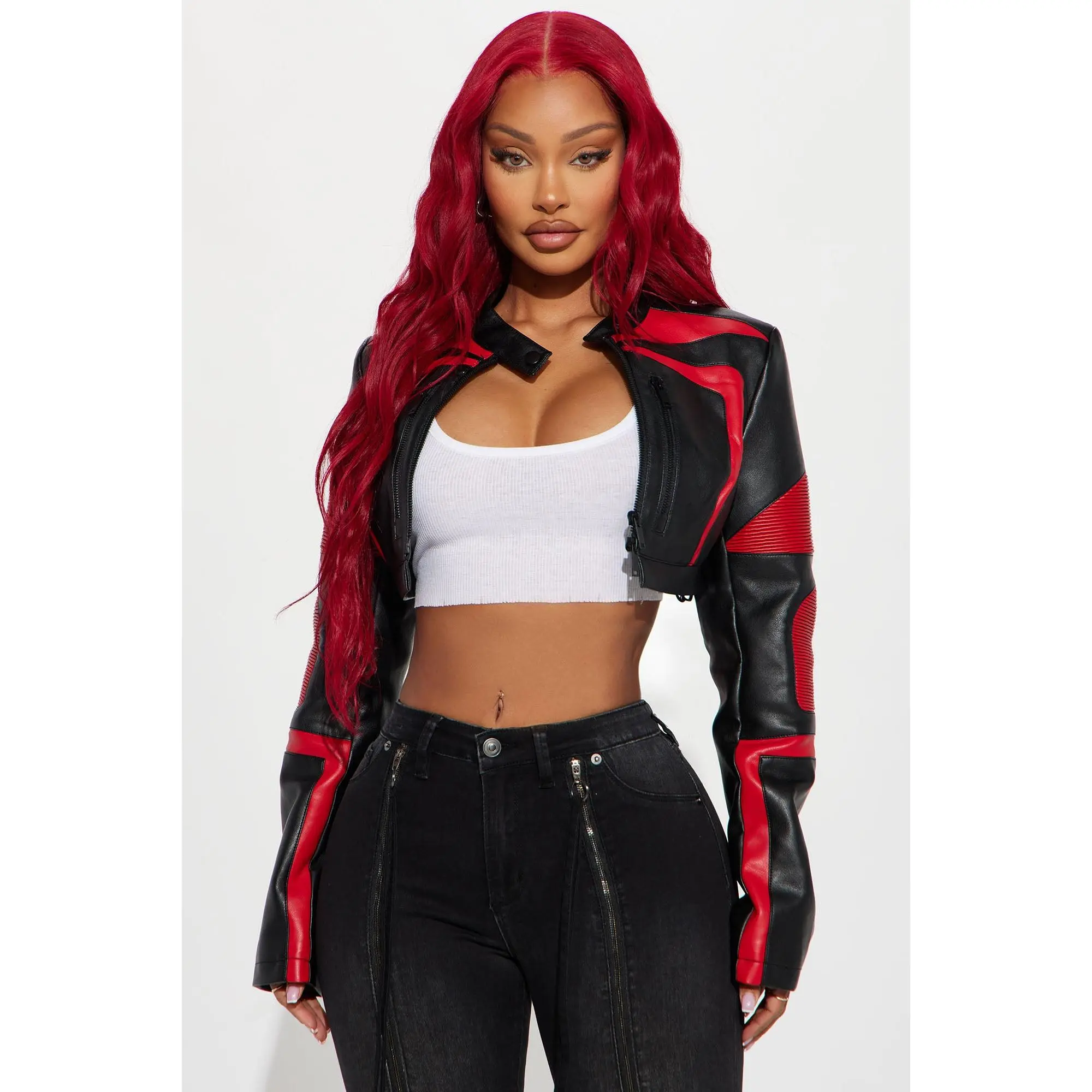 Not Like The Rest Faux Leather Moto Jacket - Black/Red