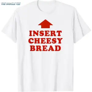 100%Cotton T-Shirt Featuring Red "INSERT CHEESY BREAD" Lettering and Red Arrow Design summerwins